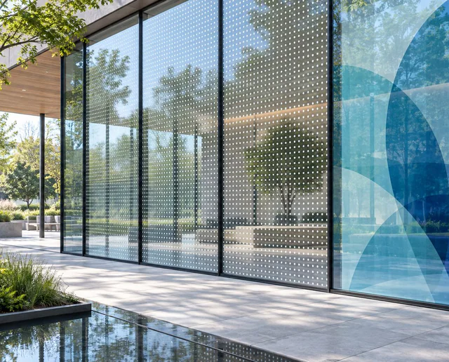 Concept illustration of a glass façade with white dot patterns and a translucent blue graphic panel