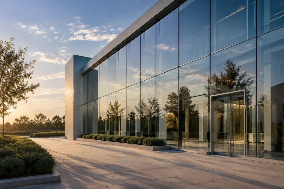 Concept image — AI-generated AI-generated architectural concept: a contemporary glass façade with blue reflections and warm stone