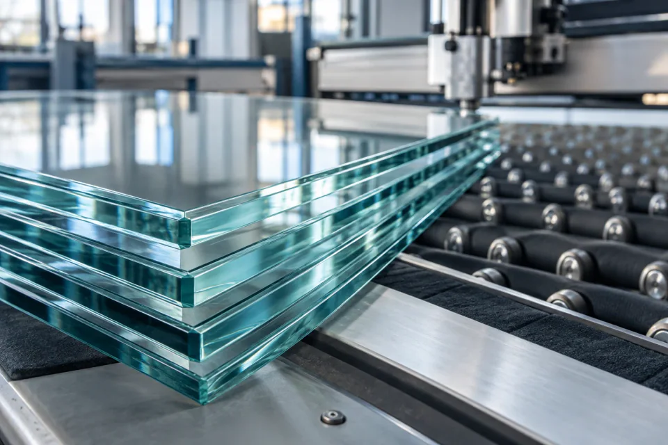 Concept image — AI-generated AI-generated fabrication concept: polished clear glass edges on a precision workshop table