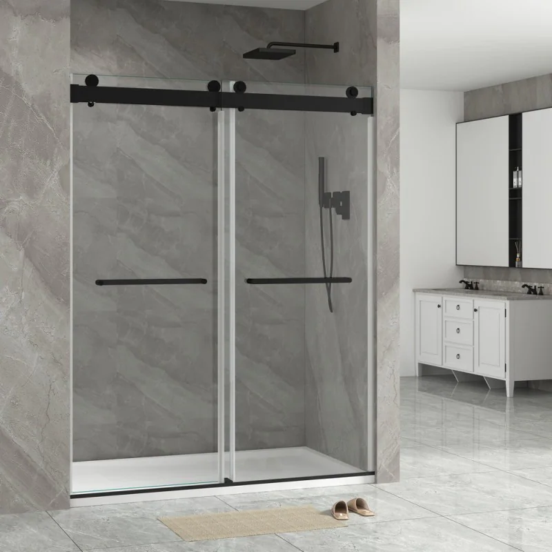 CDS13 double-sliding shower enclosure with matte-black rail and towel bars